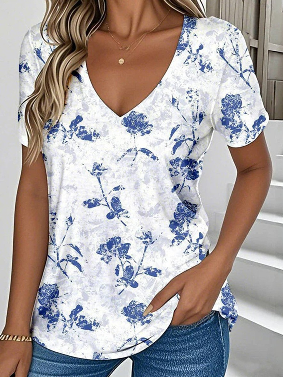 Women Floral V Neck Casual Short Sleeve T-shirt