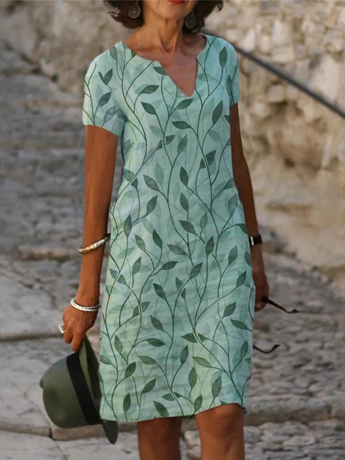 Casual Leaf Printing V Neck Midi Dress