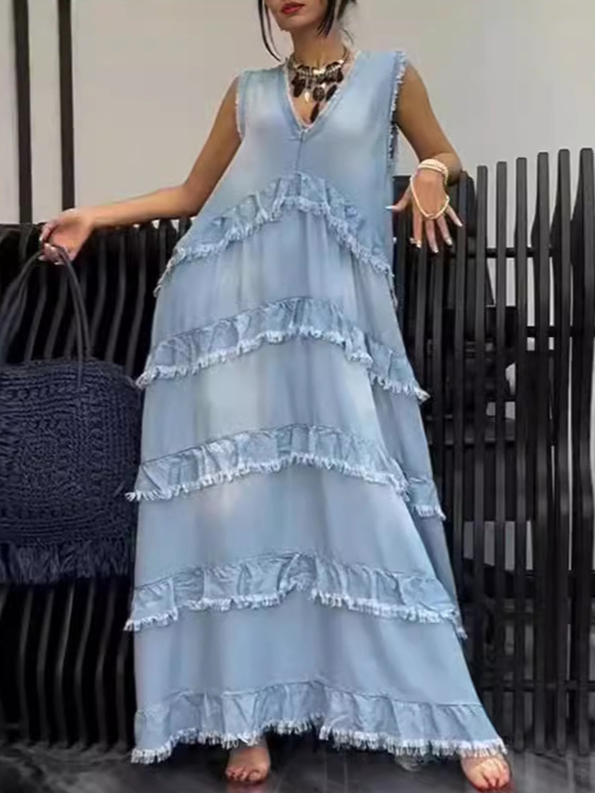 Casual Plain V Neck Maxi Dress