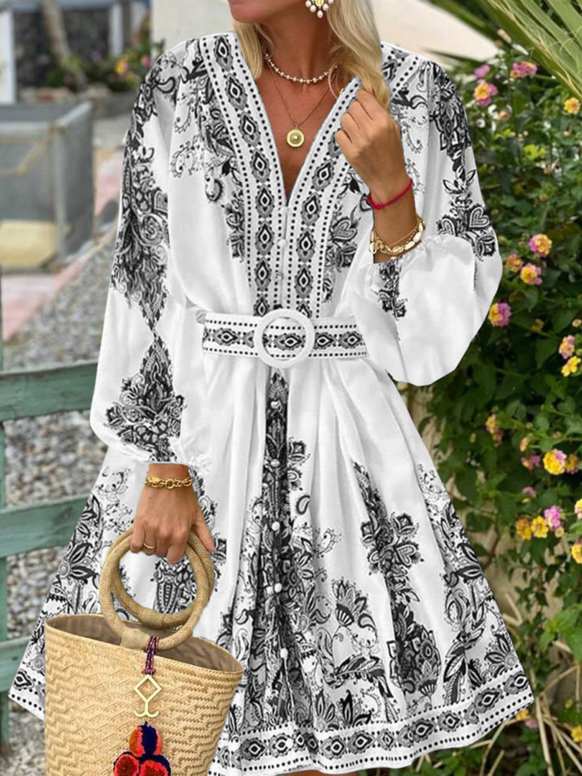 Vacation Floral V Neck Midi Dress With Belt