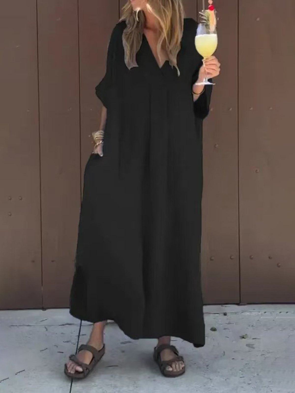 Casual Plain V Neck Maxi Dress