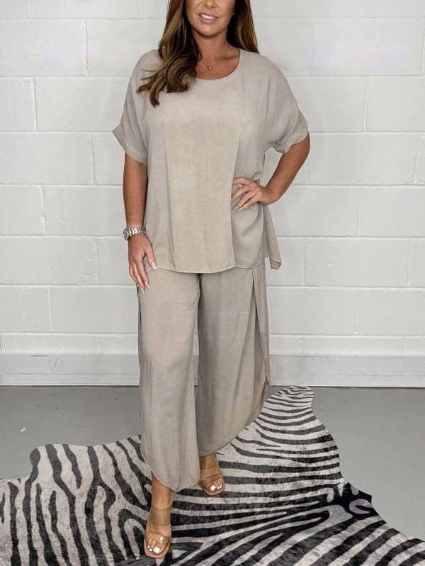 Women's Plain Daily Going Out Two-Piece Set Beige Casual Summer Top With Pants Matching Set