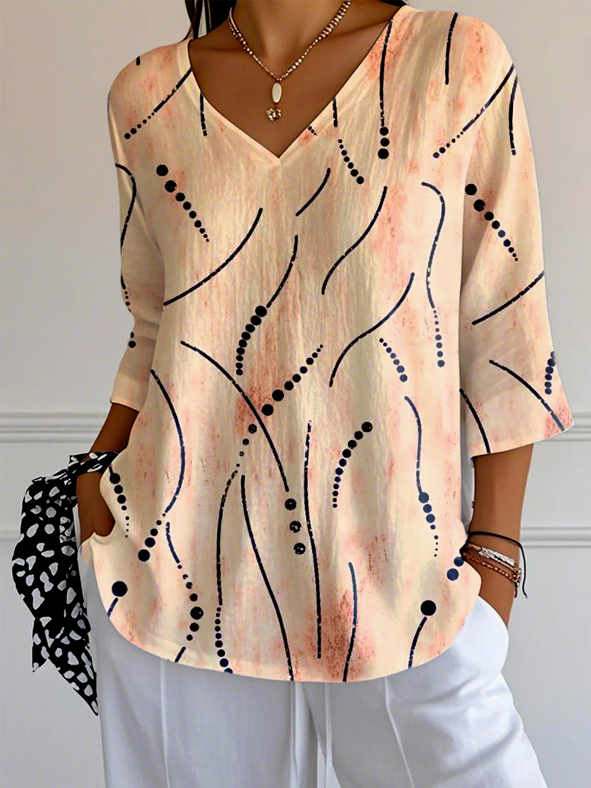 Women Striped V Neck Casual Three Quarter Sleeve T-shirt