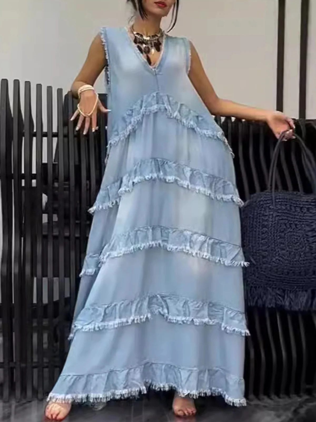 Casual Plain V Neck Maxi Dress