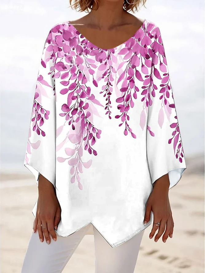 Plants Loose Simple V Neck Blouse
