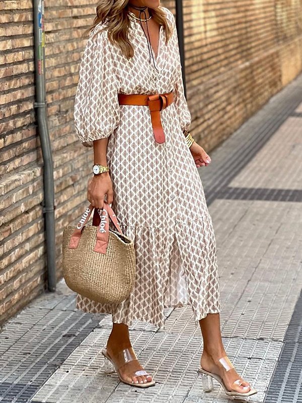 Women's Short Sleeve Summer Khaki Geometric Printing V Neck Puff Sleeve Daily Going Out Casual Maxi A-Line Shirt Dress Dress