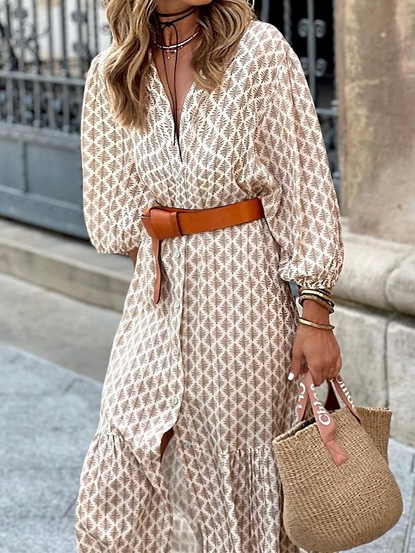 Women's Short Sleeve Summer Khaki Geometric Printing V Neck Puff Sleeve Daily Going Out Casual Maxi A-Line Shirt Dress Dress