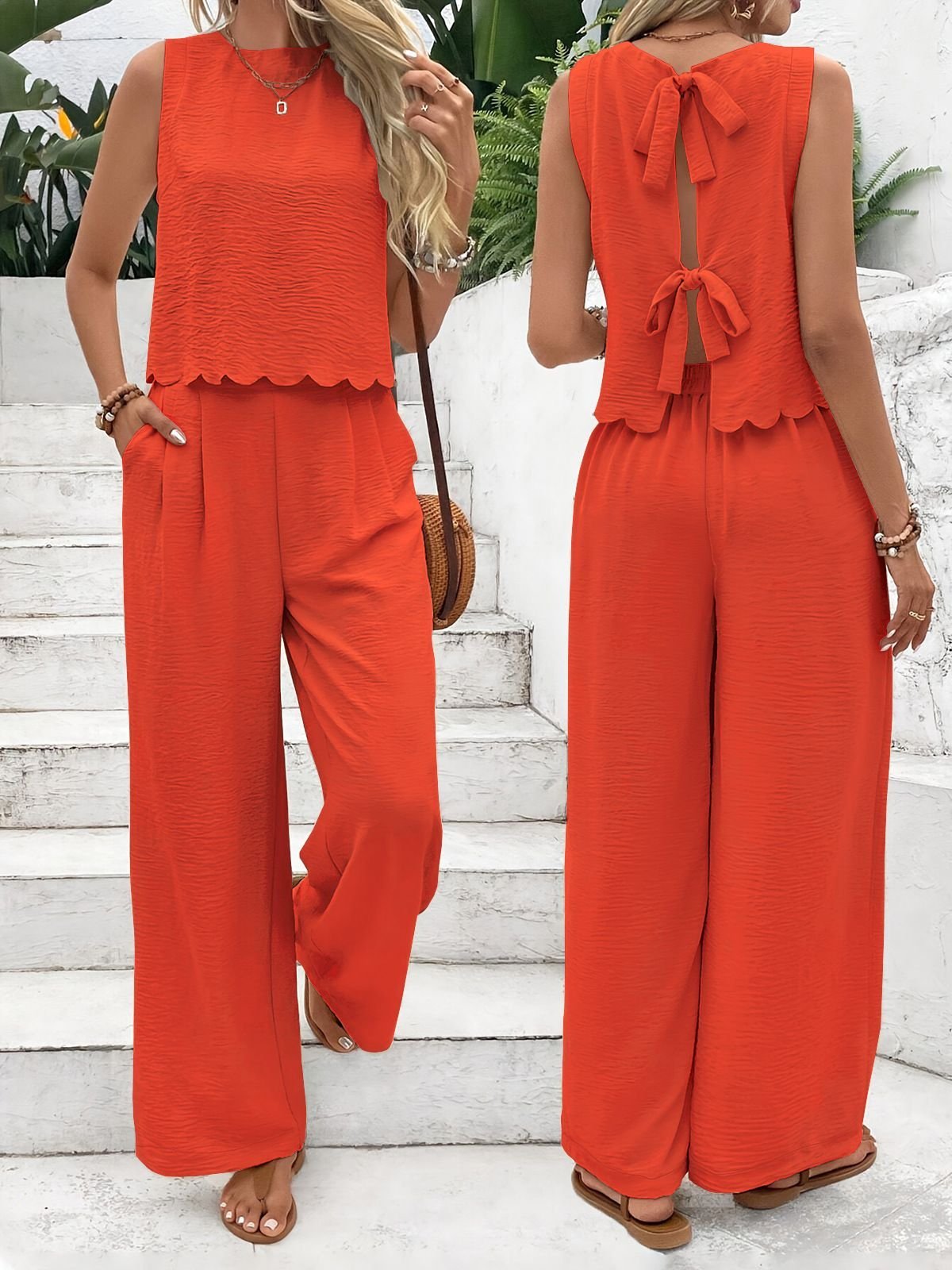 Plain Casual Crew Neck Two-Piece Set