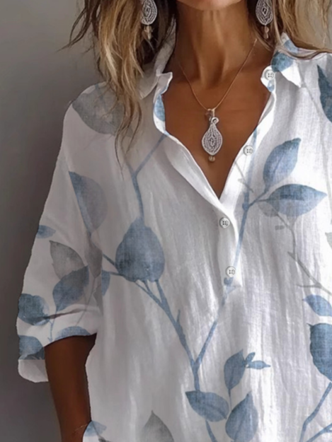 Women's Long Sleeve Shirt Spring/Fall White Floral Printing Shirt Collar Daily Going Out Casual Top