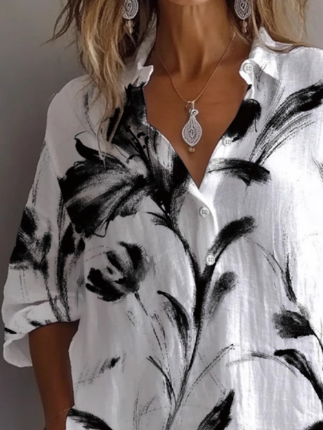 Women's Long Sleeve Shirt Spring/Fall White Floral Printing Shirt Collar Daily Going Out Casual Top