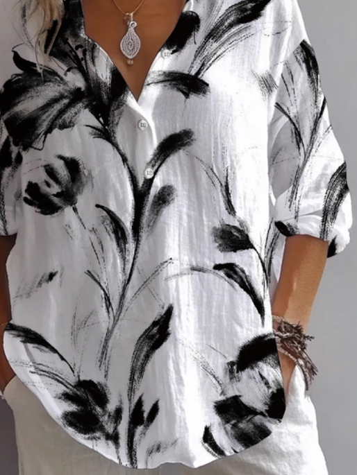 Women's Long Sleeve Shirt Spring/Fall White Floral Printing Shirt Collar Daily Going Out Casual Top