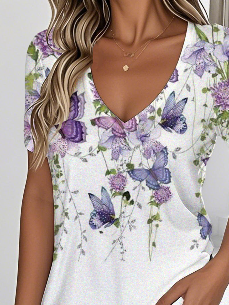 Women Floral V Neck Casual Short Sleeve T-shirt