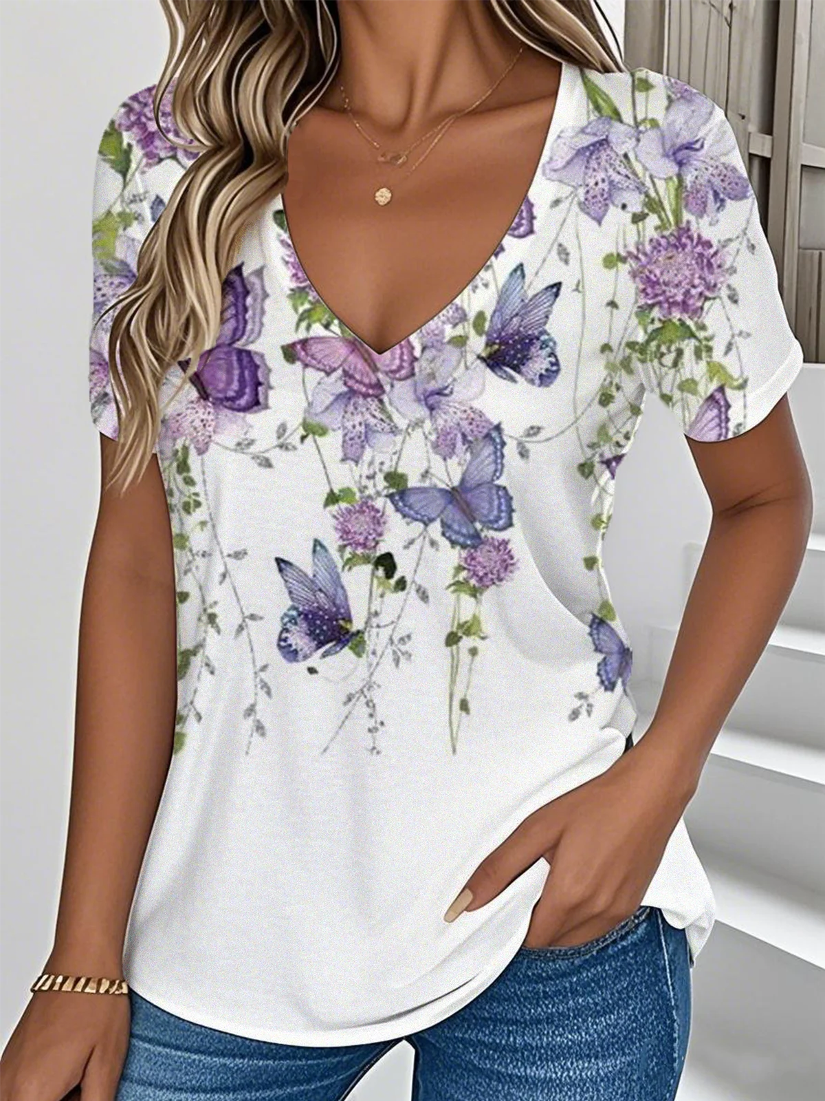 Women Floral V Neck Casual Short Sleeve T-shirt