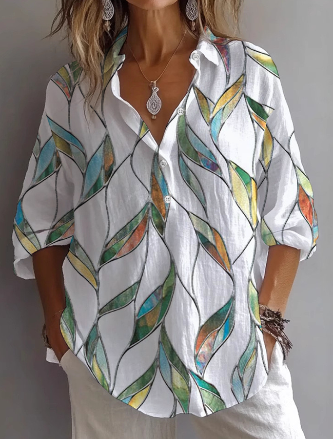 Women's Long Sleeve Shirt Spring/Fall White Floral Printing Shirt Collar Daily Going Out Casual Top