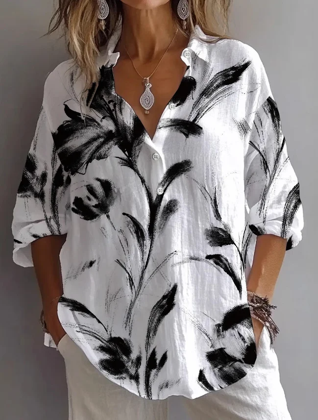 Women's Long Sleeve Shirt Spring/Fall White Floral Printing Shirt Collar Daily Going Out Casual Top