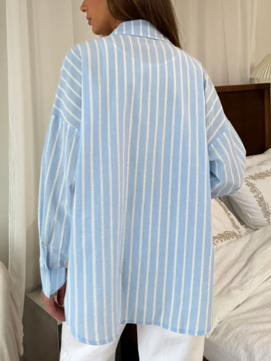 Women's Long Sleeve Shirt Spring/Fall Light Blue Striped Polo Collar Daily Going Out Casual Top