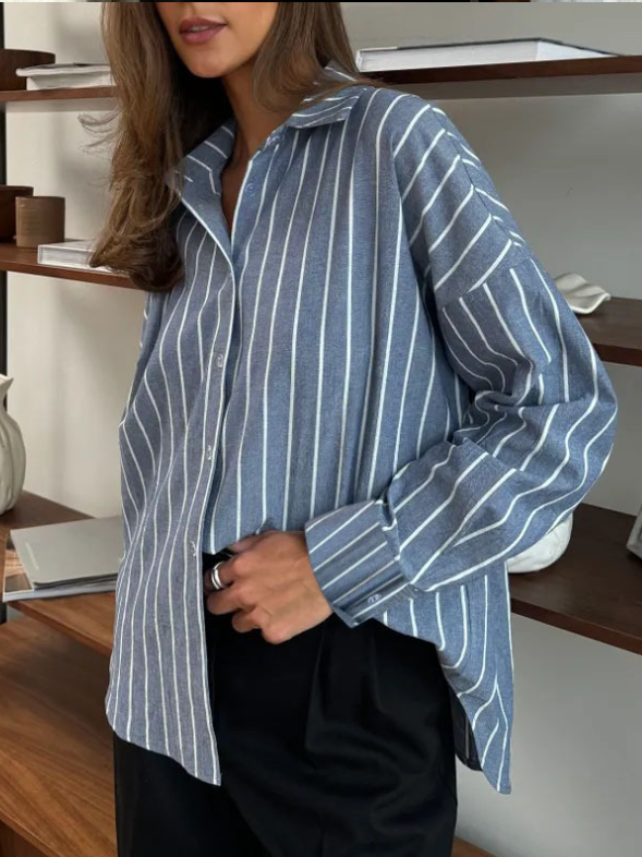 Women's Long Sleeve Shirt Spring/Fall Light Blue Striped Polo Collar Daily Going Out Casual Top