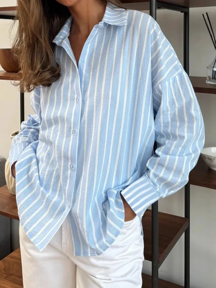 Women's Long Sleeve Shirt Spring/Fall Light Blue Striped Polo Collar Daily Going Out Casual Top
