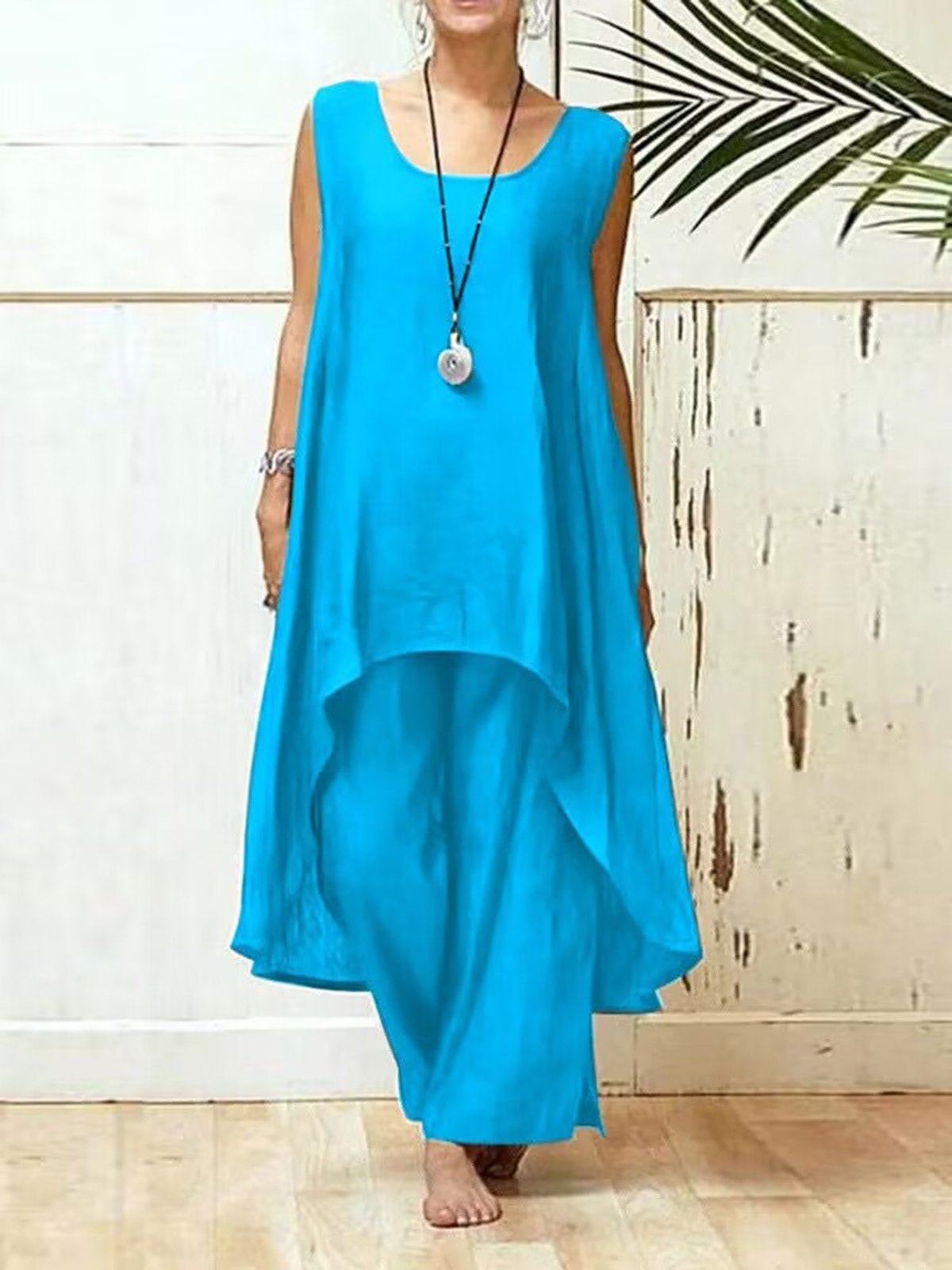 Casual Plain Crew Neck Two-Piece Set