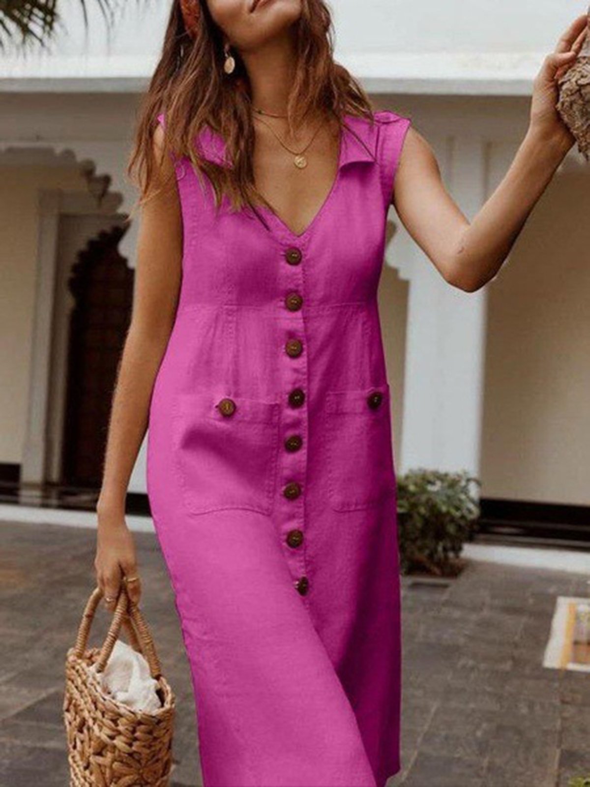 Urban Plain V Neck Midi Dress