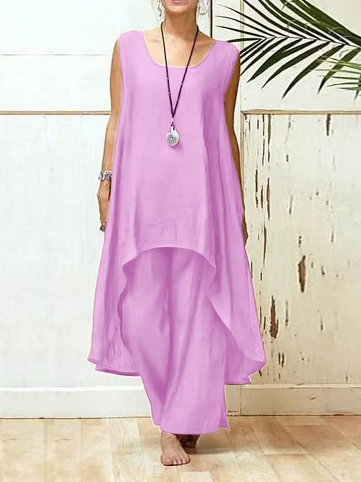 Casual Plain Crew Neck Two-Piece Set