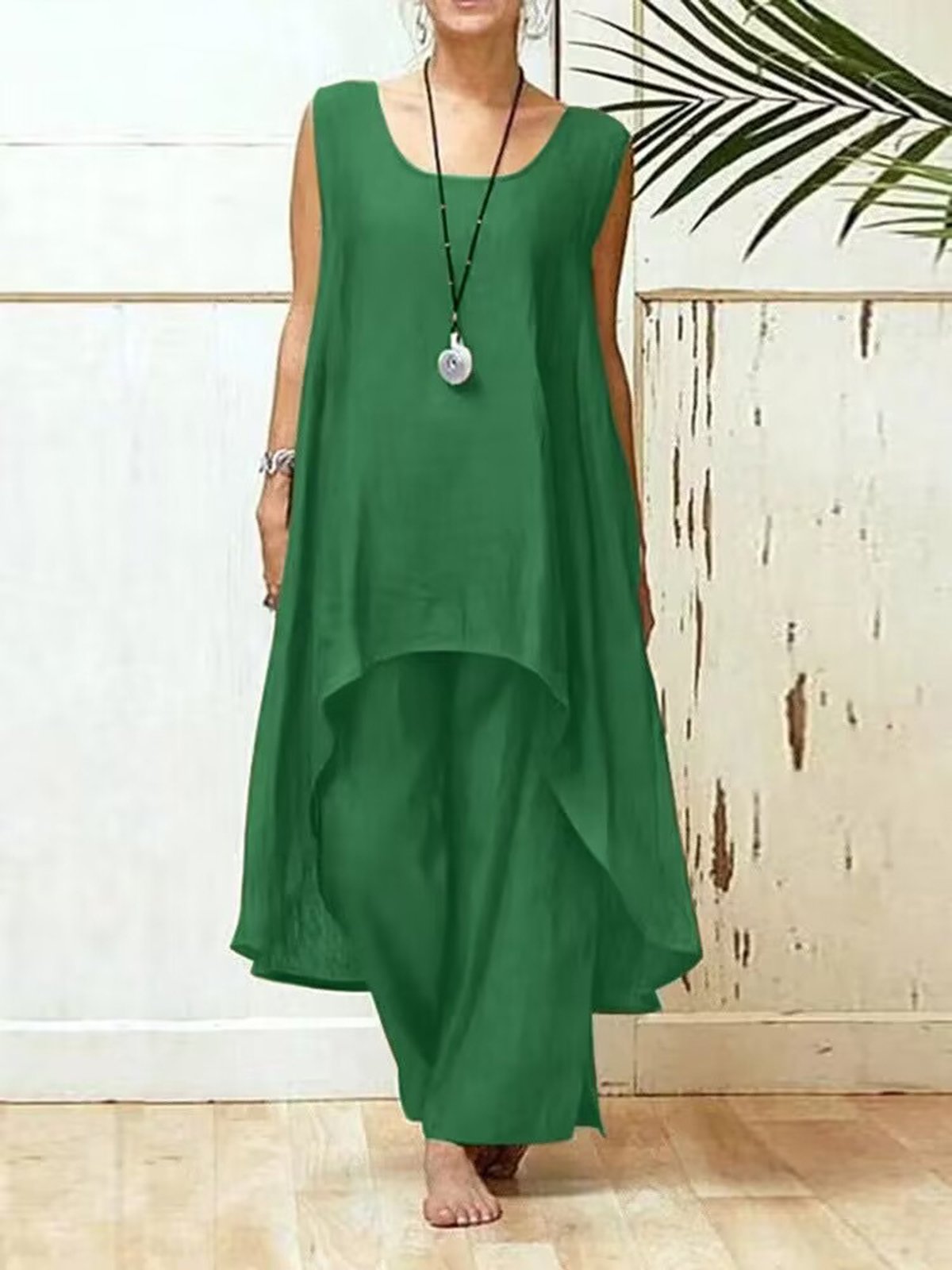 Casual Plain Crew Neck Two-Piece Set