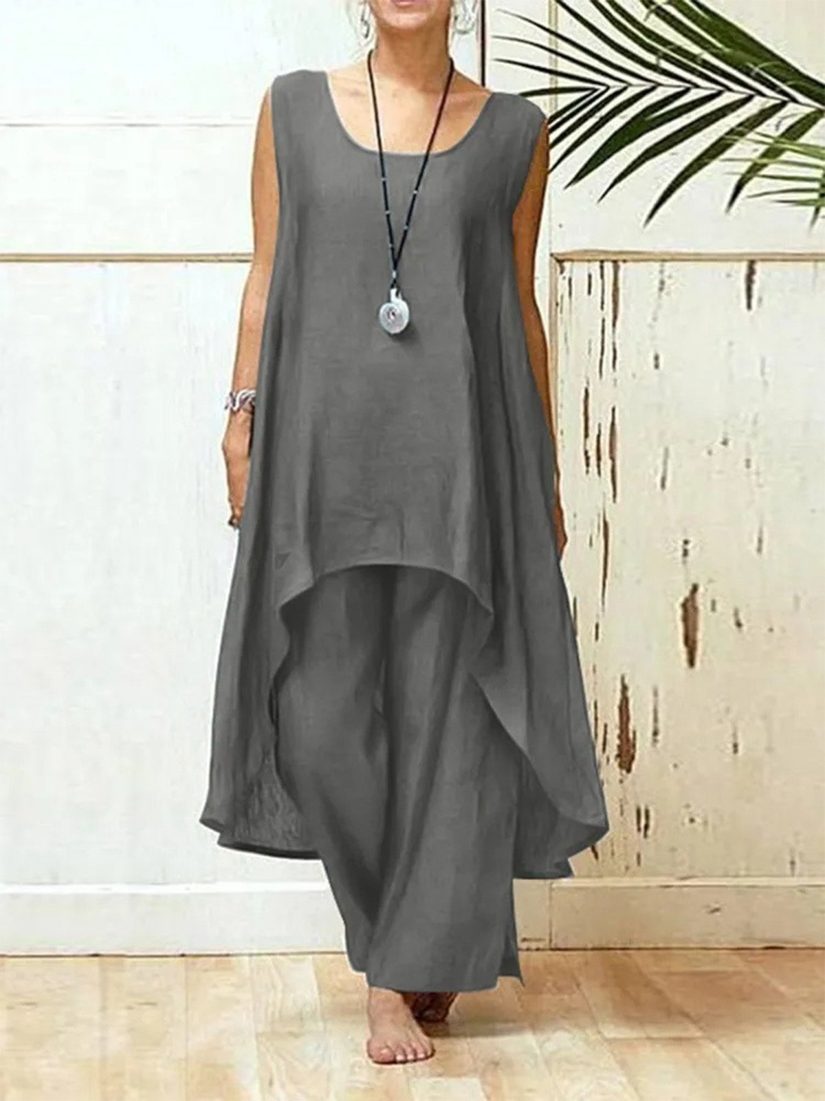 Casual Plain Crew Neck Two-Piece Set
