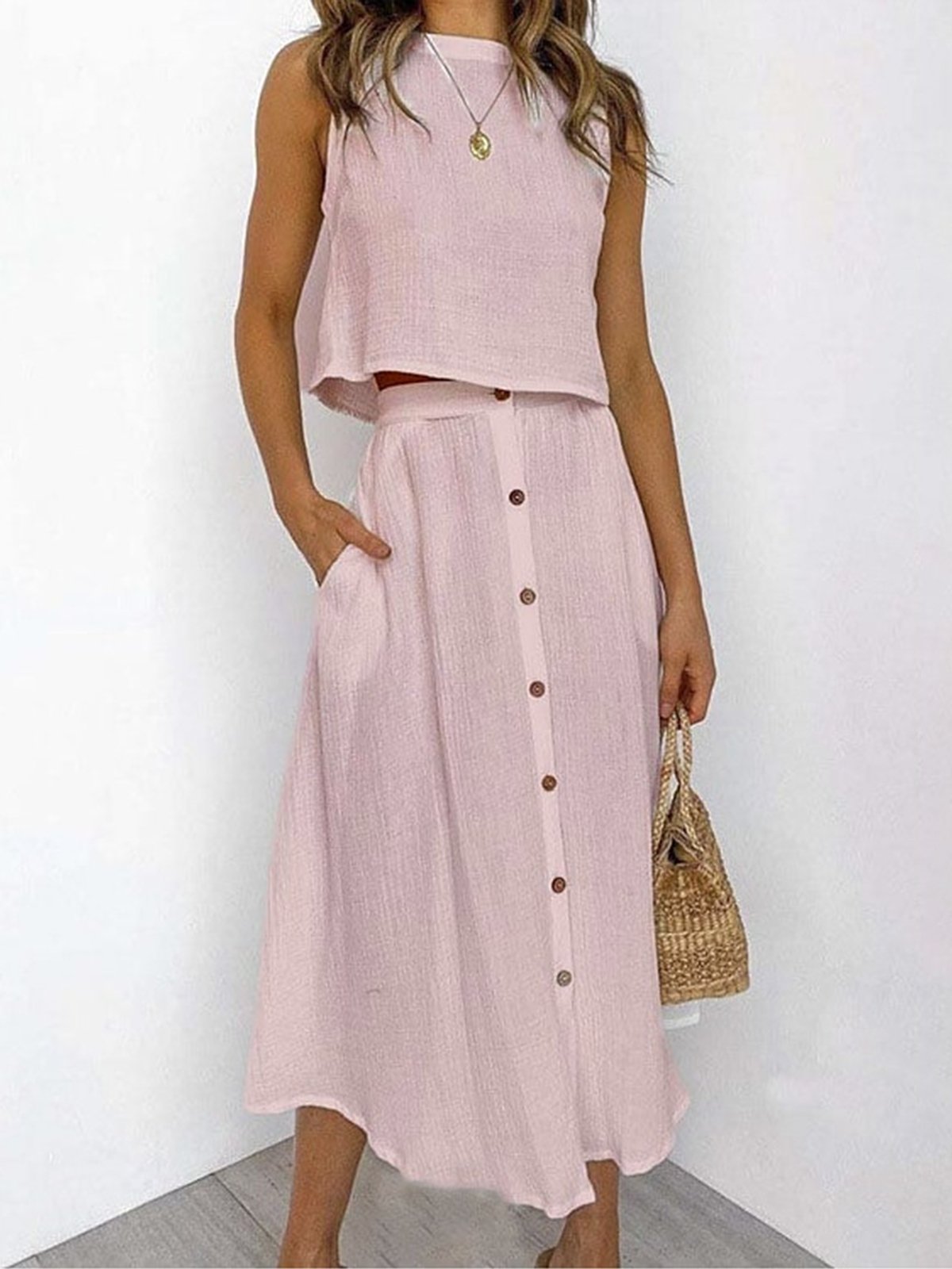 Casual Plain Crew Neck Two-Piece Set