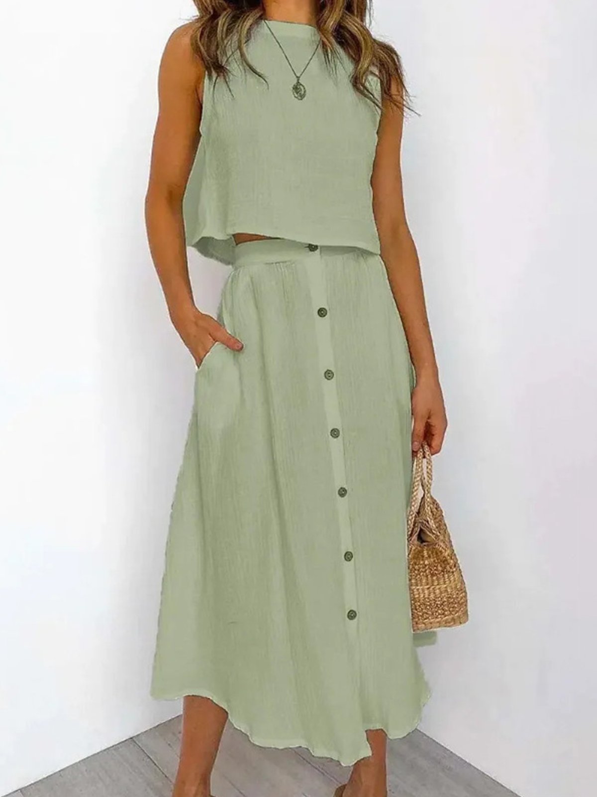 Casual Plain Crew Neck Two-Piece Set