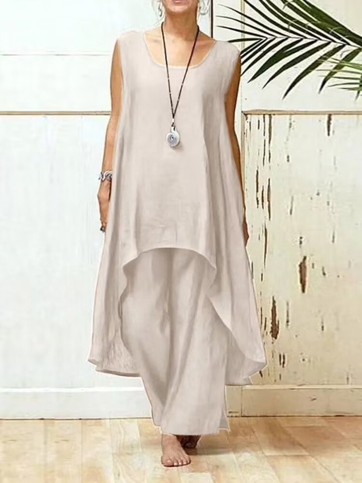 Casual Plain Crew Neck Two-Piece Set