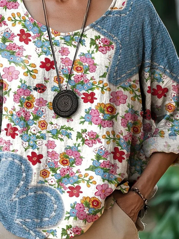 Women Floral Crew Neck Casual Three Quarter Sleeve T-shirt