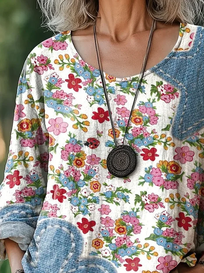 Women Floral Crew Neck Casual Three Quarter Sleeve T-shirt
