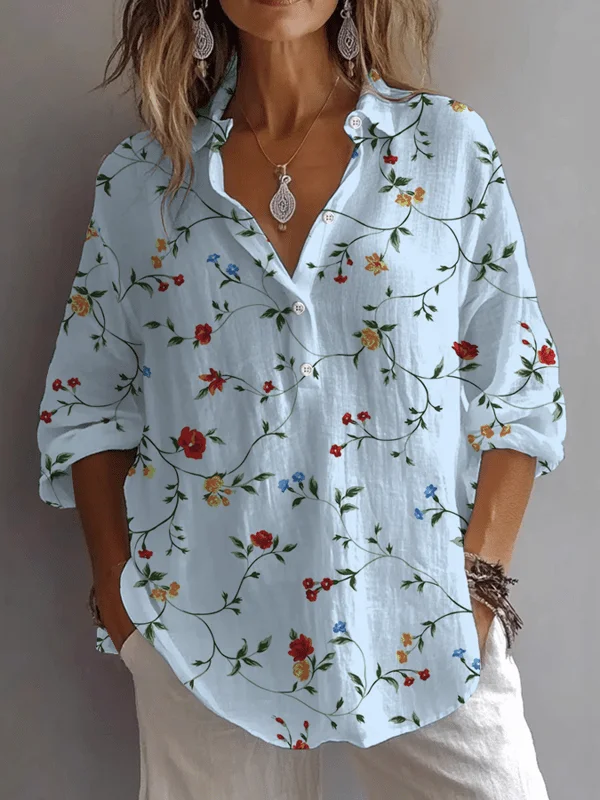 Women's Vintage Floral Print Lapel Button-Down Shirt