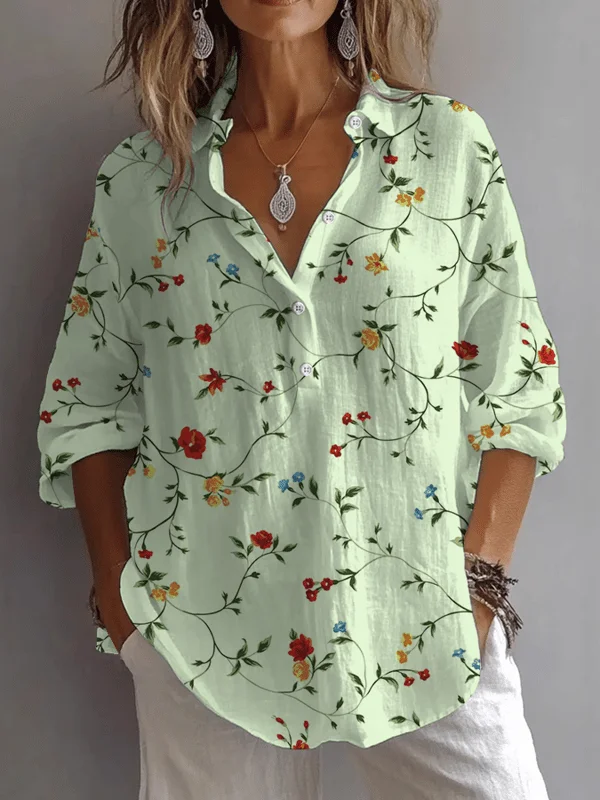 Women's Vintage Floral Print Lapel Button-Down Shirt