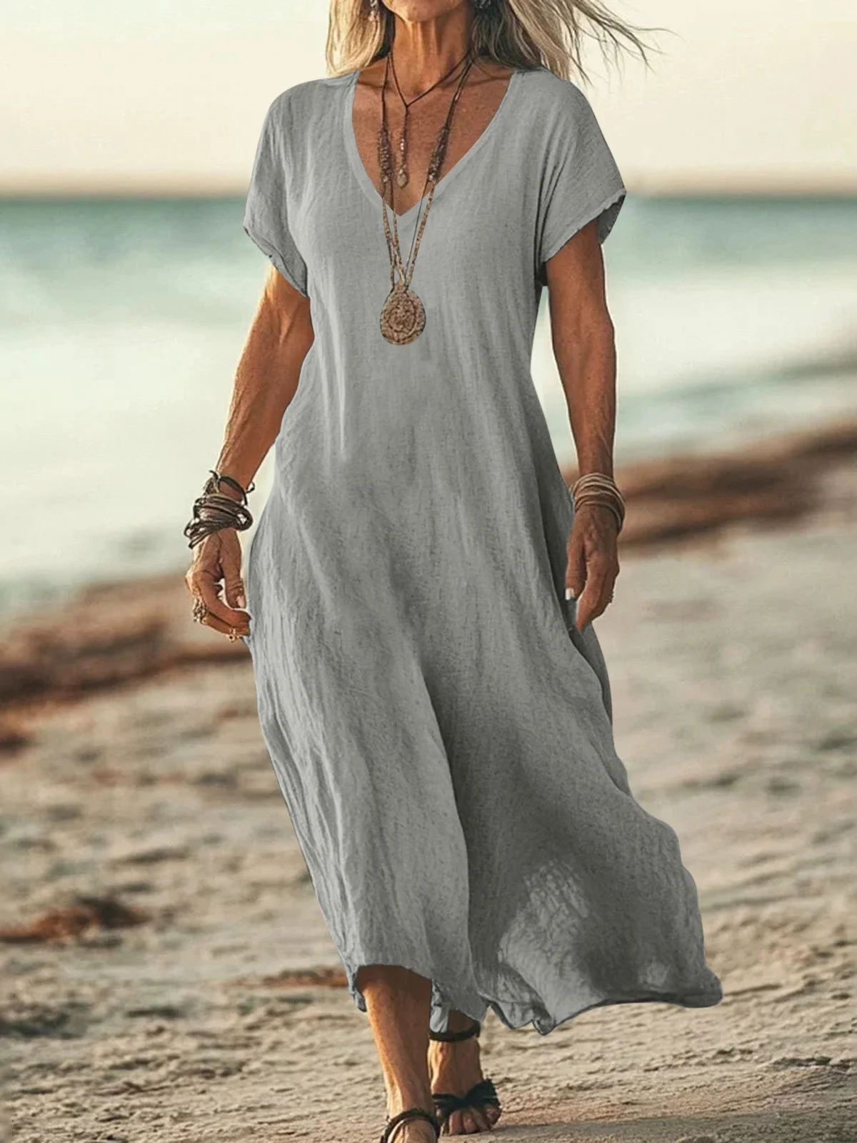 Casual Plain V Neck Maxi Dress
