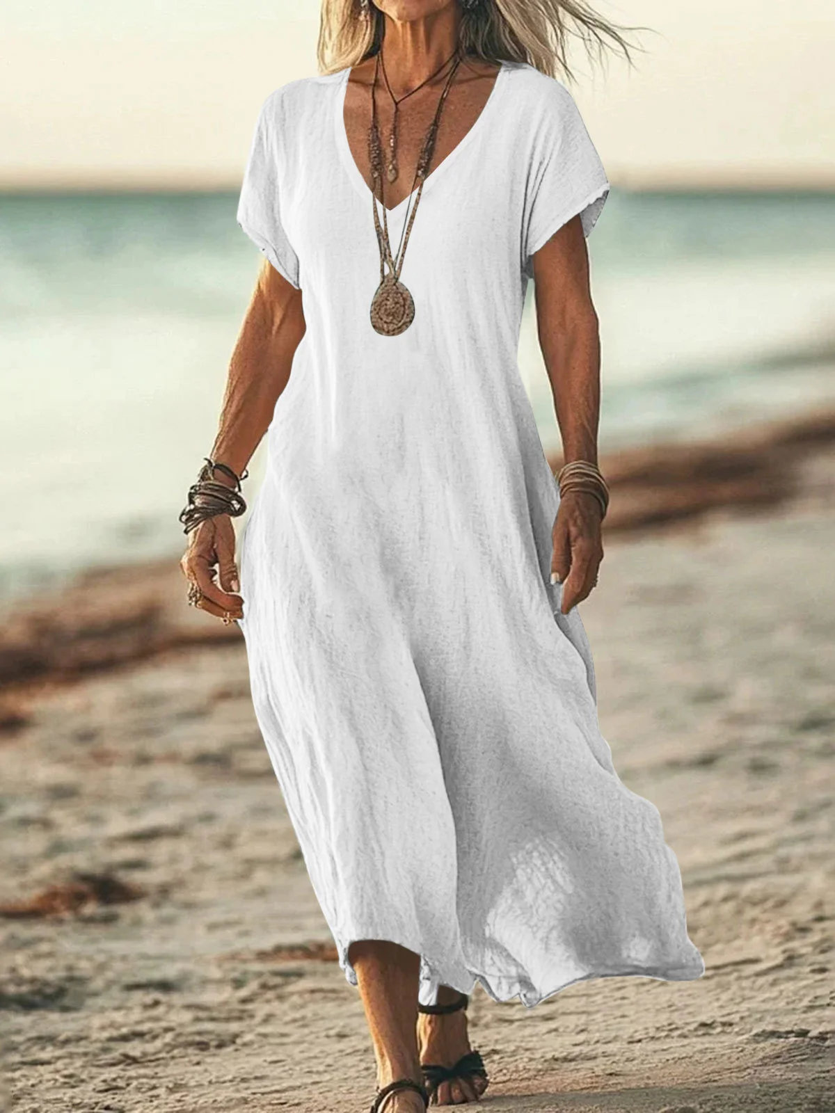 Casual Plain V Neck Maxi Dress