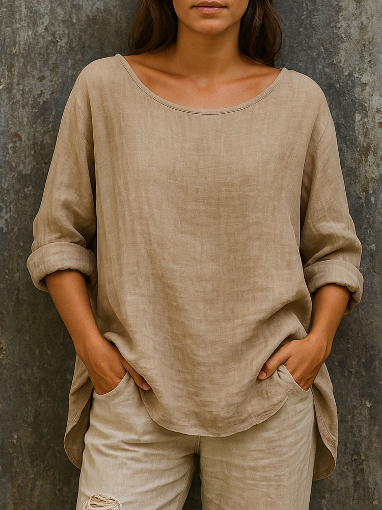 Women Plain Crew Neck Casual Long Sleeve T-shirt