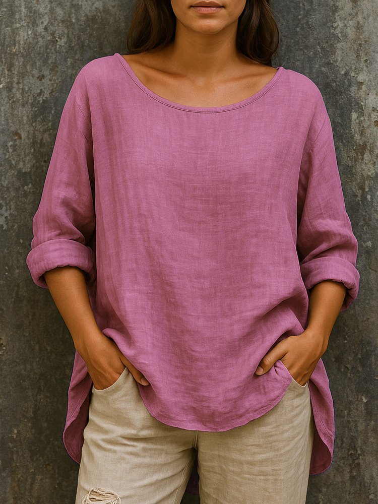 Women Plain Crew Neck Casual Long Sleeve T-shirt