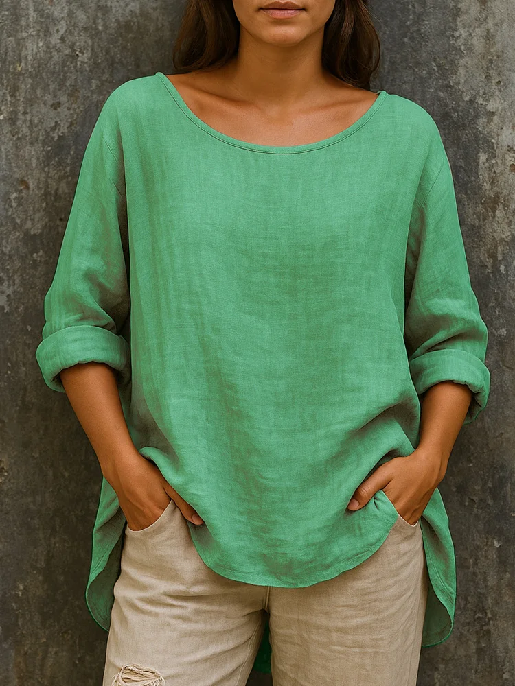 Women Plain Crew Neck Casual Long Sleeve T-shirt