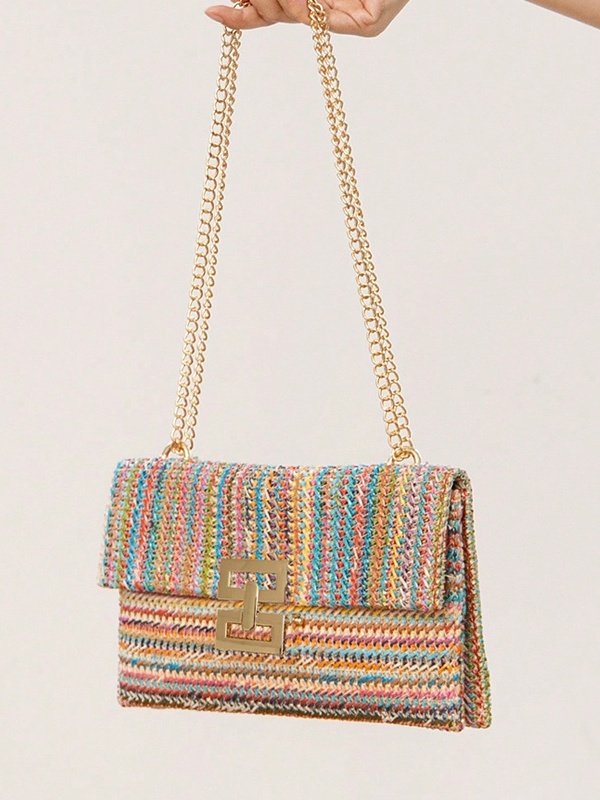 Holiday Style Multi-compartment Metal Chain Flip Cover Twist Lock Straw Bag Shoulder Bag Chain Lock Women Bag