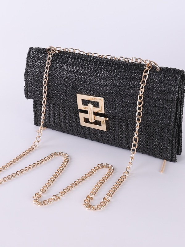 Holiday Style Multi-compartment Metal Chain Flip Cover Twist Lock Straw Bag Shoulder Bag Chain Lock Women Bag