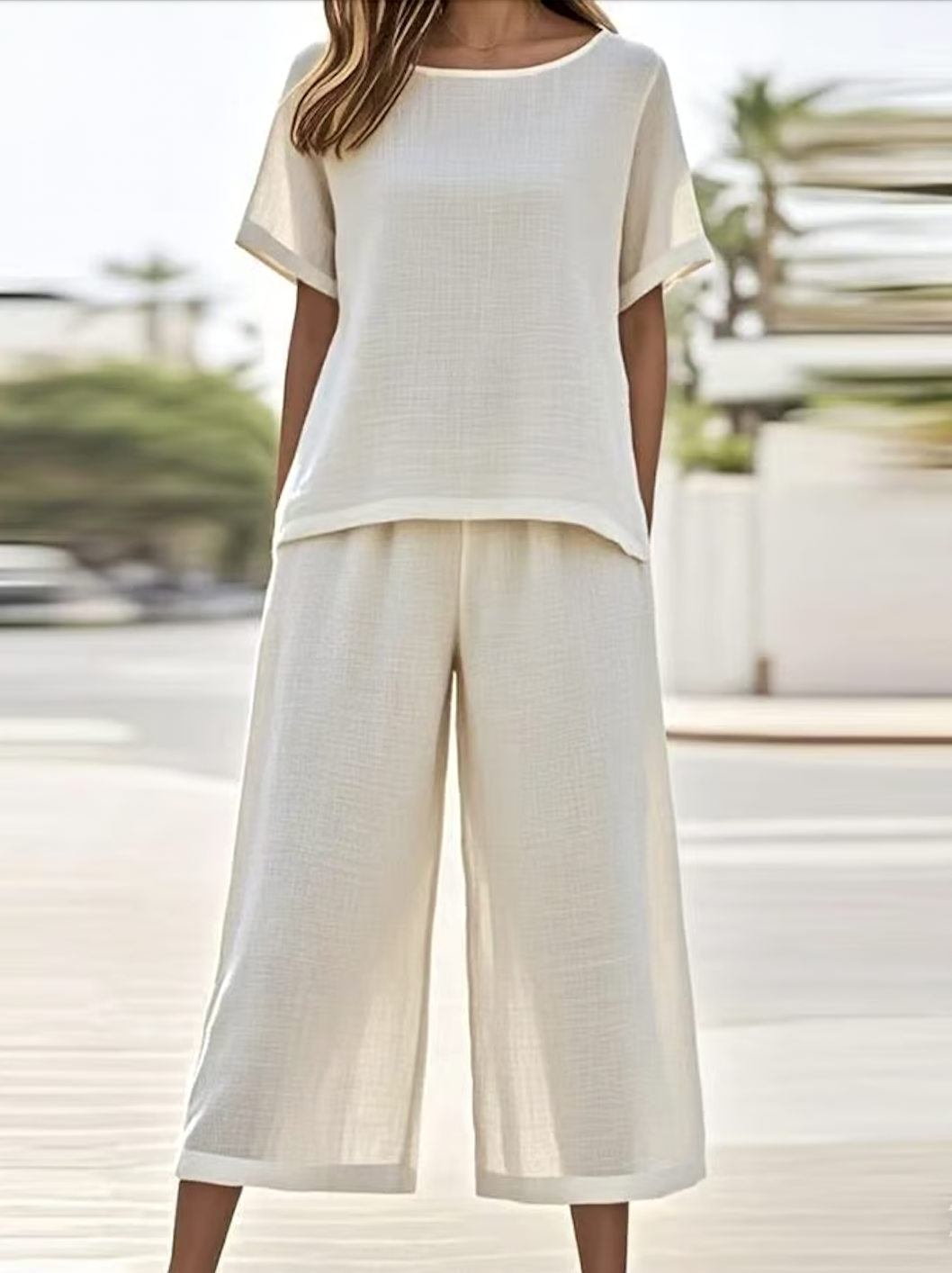 Casual Linen Crew Neck Two-Piece Set