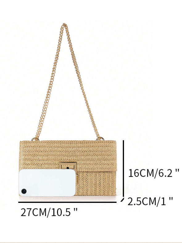 Holiday Style Multi-compartment Metal Chain Flip Cover Twist Lock Straw Bag Shoulder Bag Chain Lock Women Bag