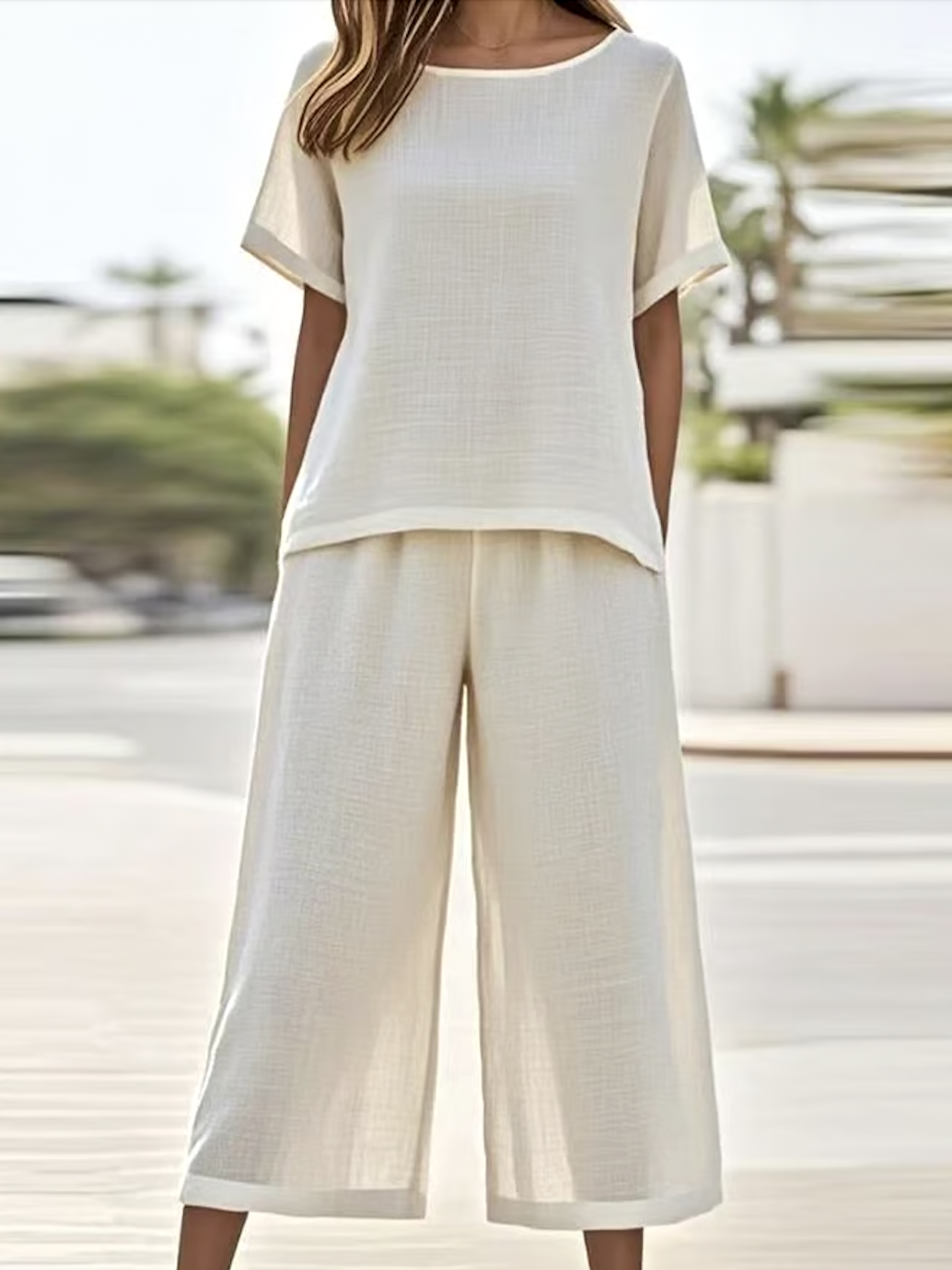 Casual Linen Crew Neck Two-Piece Set