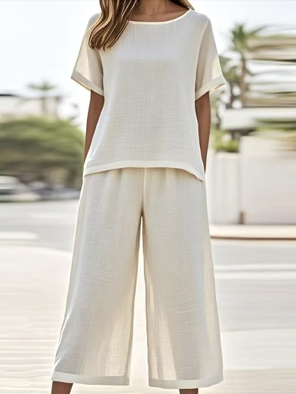 Casual Linen Crew Neck Two-Piece Set