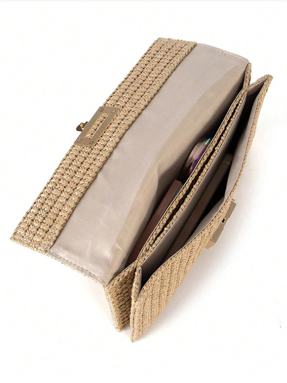 Holiday Style Multi-compartment Metal Chain Flip Cover Twist Lock Straw Bag Shoulder Bag Chain Lock Women Bag