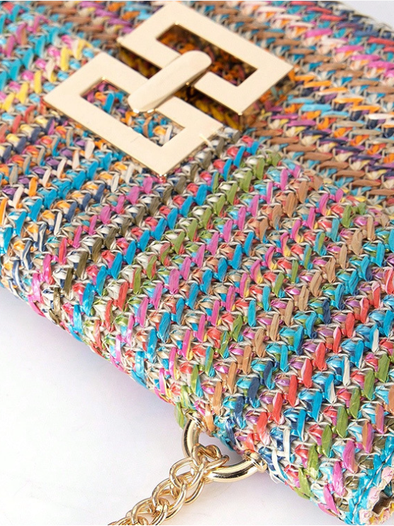 Holiday Style Multi-compartment Metal Chain Flip Cover Twist Lock Straw Bag Shoulder Bag Chain Lock Women Bag