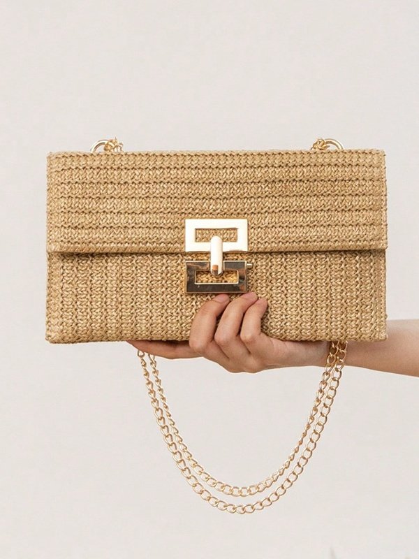 Holiday Style Multi-compartment Metal Chain Flip Cover Twist Lock Straw Bag Shoulder Bag Chain Lock Women Bag