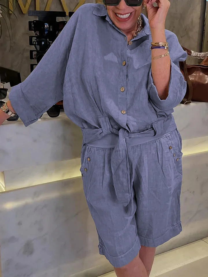 Casual Plain Shirt Collar Two-Piece Set