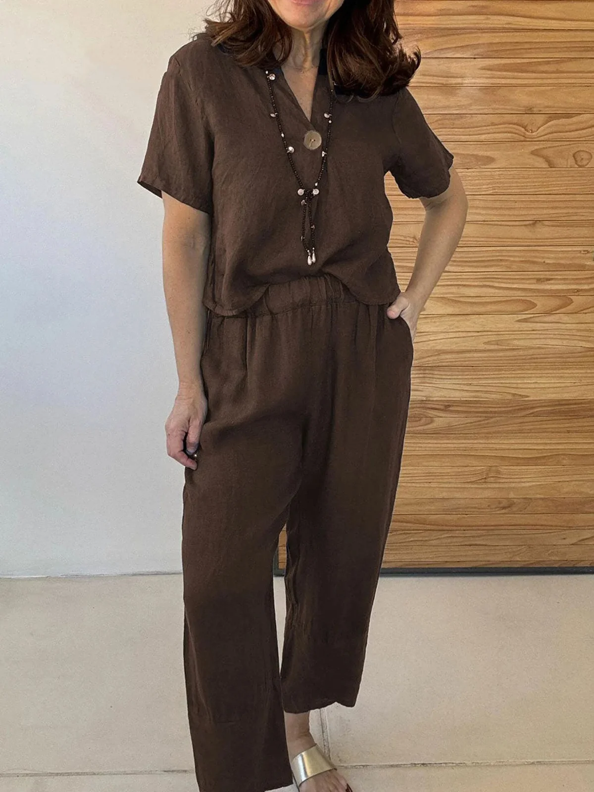 Casual Plain V Neck Two-Piece Set